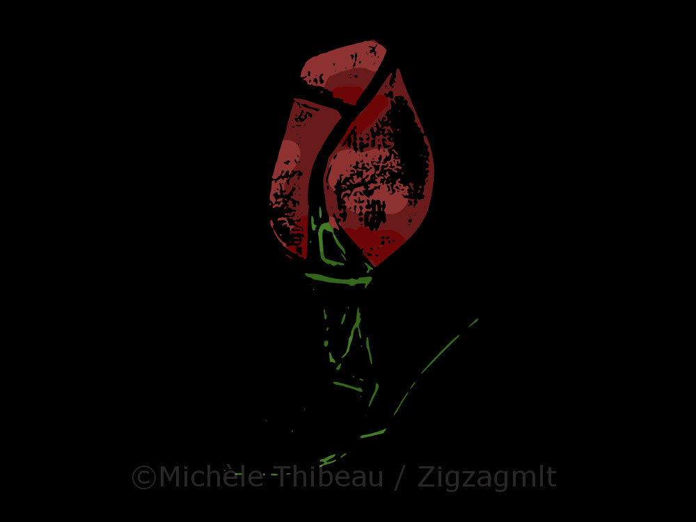 Deep red for the petals, bright green for the stem & leaves. Without the lead, the flower's shapes become blocks.